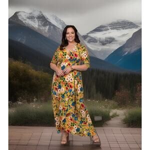 Kiyonna Dress Meadow Dream Style Yellow Floral 2X Maxi True Wrap Cottagecore